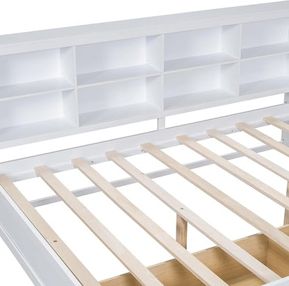 Bellemave Full Corner Bed Frame, Wood Full Size Daybed with L-Shaped Bookcase and 2 Drawers，Daybed with Storage Cabinets, White