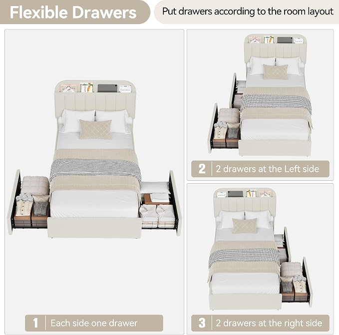 GarveeHome Twin Bed Frame with Storage Headboard, Kids Bed Frame with 2 Drawers, Boucle Upholstered Platform Bed with Bookcase, No Box Spring Needed, Easy Assembly, Ivory White