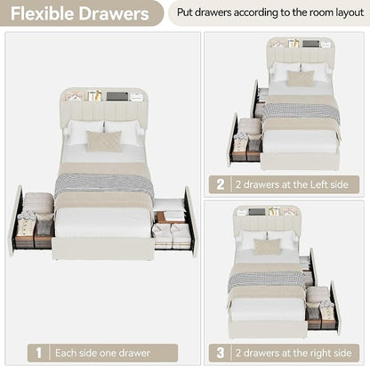 Garvee Twin XL Size Bed Frame with 2 Flexible Drawers, Boucle Upholstered Platform Bed Frame with Bookcase Headboard, Bedframe for Kids/Girls, Easy Assembly, No Box Spring Needed, Noise Free, Beige