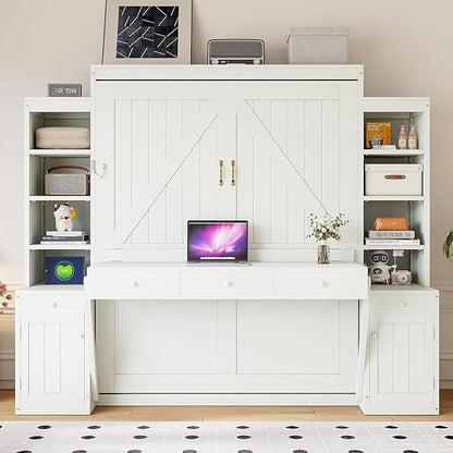 Merax Queen Size Murphy Bed with Desk and Lights, Power Outlet, Foldable Murphy Cabinet Bed with Open Storage Shelves & Drawers, Wood Space-Saving Hidden Wall Bed for Guest Room Office, Antique White