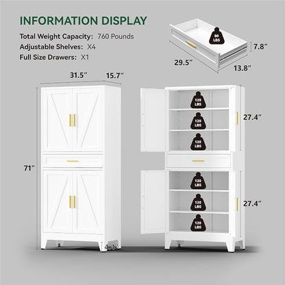 71" Tall Kitchen Pantry Cabinet,Farmhouse Pantry Cabinet,Metal Cabinet with Adjustable Shelves and Drawer,Storage Cabinet for Kitchen Dining Room Garage,White 1 Pack