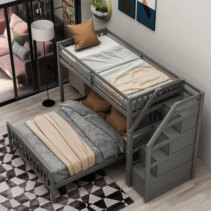 MERITLINE Twin Over Full L Shaped Bunk Beds with Stairs and Storage, Solid Wood Convertible Bunk Loft Beds with Storage Staircase and Guardrail, No Box Spring Needed (Twin Over Full,Grey)