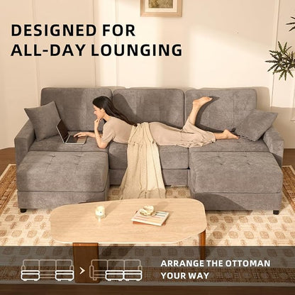 112" U Shaped Modular Cloud Sectional Couch, Waffle Fabric, Light Gray | Modular Deep Seat Sofa, Movable Ottoman, Pocket Spring Cushions, 2-Box Delivery, Living Room Lounge Use, Not Boneless