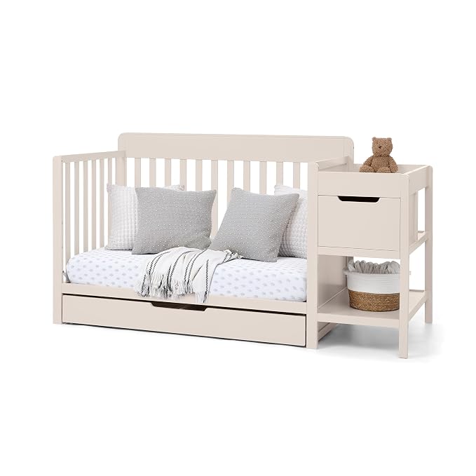 Delta Children Maya 5-in-1 Convertible Crib and Changer with Storage, Converts to Toddler Bed, Daybed, Sofa & Full Bed, Greenguard Gold Certified, 3 Mattress Heights for Baby, Soft Beige