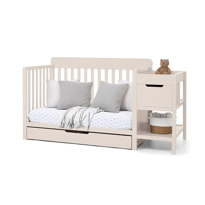 Delta Children Maya 5-in-1 Convertible Crib and Changer with Storage, Converts to Toddler Bed, Daybed, Sofa & Full Bed, Greenguard Gold Certified, 3 Mattress Heights for Baby, Soft Beige