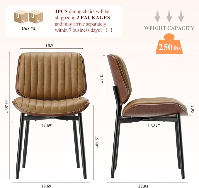 MALOL Leather Dining Chairs Set of 4, Modern Upholstered Dining Room Kitchen Chairs with Metal Legs and Wooden Back Support for Home Dining Room/Restaurant, Light Brown