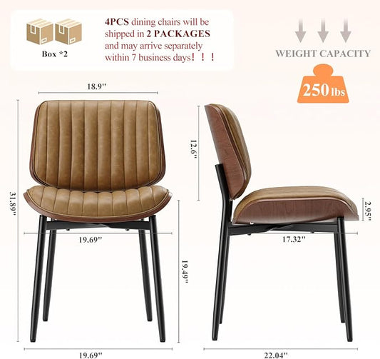 MALOL Leather Dining Chairs Set of 4, Modern Upholstered Dining Room Kitchen Chairs with Metal Legs and Wooden Back Support for Home Dining Room/Restaurant, Light Brown