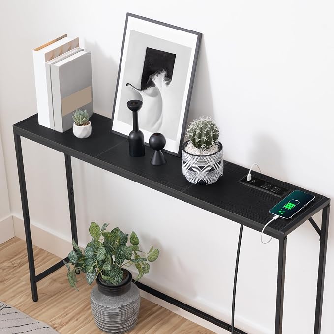 MAHANCRIS 43.7”Console Table with Outlet, Narrow Sofa Table with Charging Station, Entryway Table with Display Shelf, Behind Couch Table, Long Sofa Side Table, Living Room, Hallway, Black CTHB112E01