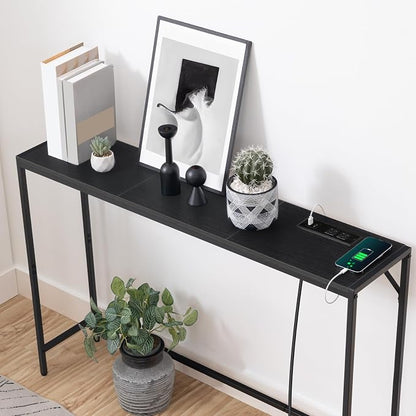 MAHANCRIS 43.7”Console Table with Outlet, Narrow Sofa Table with Charging Station, Entryway Table with Display Shelf, Behind Couch Table, Long Sofa Side Table, Living Room, Hallway, Black CTHB112E01
