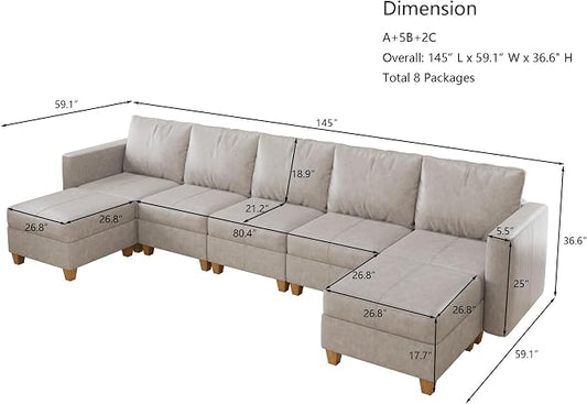 EASE MOOSE Faux Leather Sectional, Modular Sectional Sofa with Storage, Leather Couch U Shaped Couches for Living Room, Whitesand