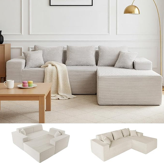 Claiks 104" Boneless Couch, Cloud Couch Sectional, L-Shape Corduroy Modular Sectional Sofa Deep Seat, Upholstered Couches for Living Room, No Assembly Required, Beige, Right Facing Chaise