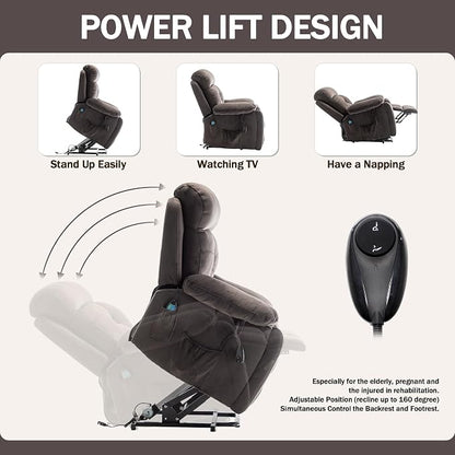 JIKFRIMA 26in Oversized Power Lift Recliner Chair with Massage Heat | Lift Chair for Elderly with Hidden Cup Holders,Side Pockets,Infinite Position Power Control,Velvet Fabric