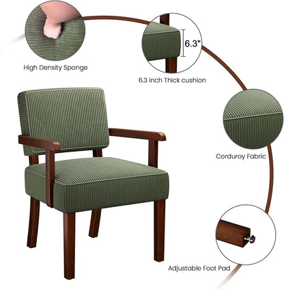 FAGAGA Corduroy Accent Chair Set of 2 with Table, Mid Century Modern Armchairs with Solid Wood Frame, Oversized Reading Leisure Chair for Living Room, Bedroom (Corduroy Green, Set of 2 with Table)