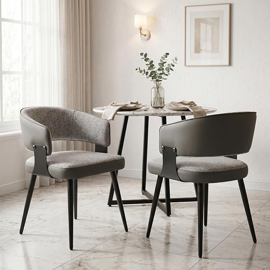 Dining Chairs Set of 2, Modern Upholstered Kitchen & Dining Room Chairs with Breathable Woven Fabric and Faux Leather Accents, Curved Open Back & Metal Legs (Gray Woven, Set of 2)