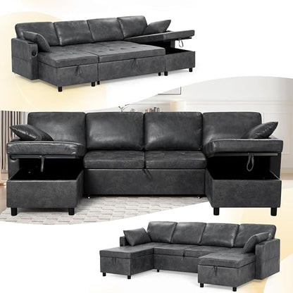 110 inches Suede Leather Sleeper Sofa w/Pull Out Bed, U-Shape Sectional Sofa Bed w/Adjustable Backrest and Storage Chaises, 4-Seats Upholstered Sofa Bed w/USB Port for Living Room, Grey