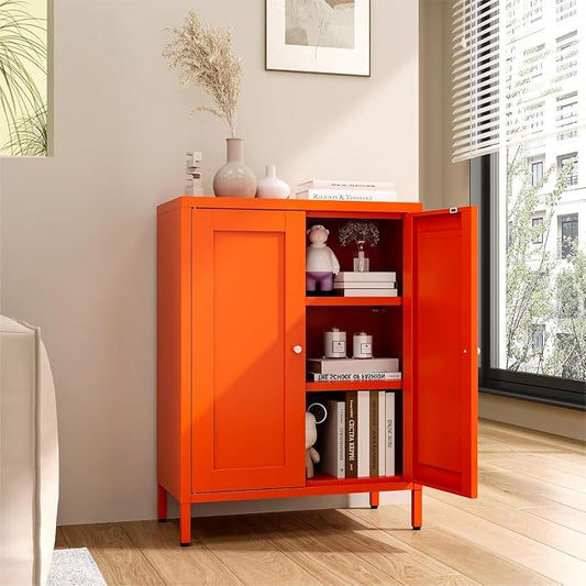 Metal Bathroom Cabinet, Small Floor Storage Cabinet, Freestanding Sideboard with 2 Adjustable Shelves for Living Room, Dining Room, Kitchen (Orange, 31.5" H-2 Doors)