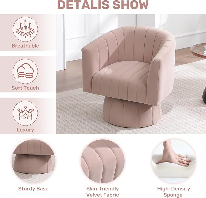 Swivel Accent Barrel Chair Set of 2, Cute Comfy Small Round 360° Arm Chair, Velvet Sofa Club Reading Chair for Living Room Bedroom Office Pink