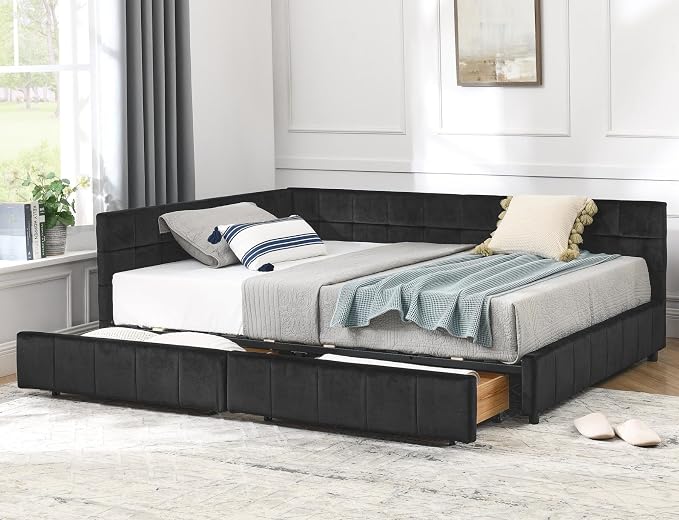 KEIKI Full Size L Shape Corner Bed Frames with 2 Storage Drawer, Backrest and Armrests, Velvet Upholstered Sofa Daybed for Small Room, Living Room, Bedroom, Guest Room, Kids' Room