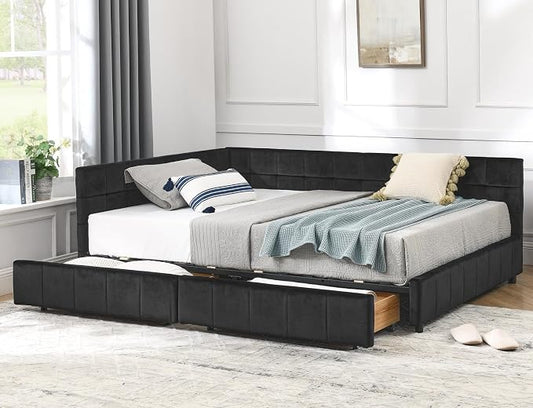 KEIKI Full Size L Shape Corner Bed Frames with 2 Storage Drawer, Backrest and Armrests, Velvet Upholstered Sofa Daybed for Small Room, Living Room, Bedroom, Guest Room, Kids' Room