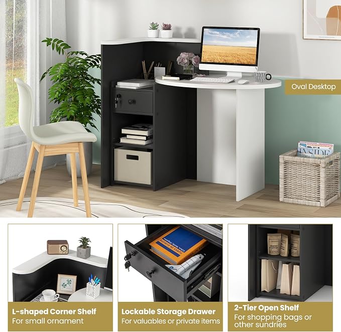 Reception Desk, Retail Checkout Counter w/Lockable Drawer & Open Shelves, Computer Workstation, Small Front Desk Reception Counter for Company Lobby Store Salon Office (White & Black)