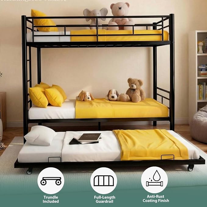 Bunk Bed with Trundle, Metal Twin Bunk Beds with Guardrail and Ladder for Kids/Teenagers/Adults, Space-Saving Bunk Bed Can be Split Into 3 Beds, No Box Spring Needed(Black, with Trundle)