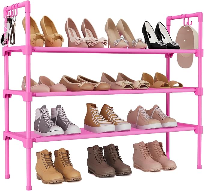LANTEFUL 3 Tier Shoe Rack for Closet, Shoe Organizer with 5 Hooks, Long Shoe Shelf Storage for Shoe and Boot Stackable Free Standing Shoe Rack for Entryway, Garage, Small Spaces, Dorm, Pink