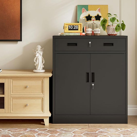 BESFUR Metal Garage Storage Cabinet with One Lockable Drawer 2 Locking Doors and an Adjustable Shelf, 36" Black Metal Short Storage Cabinet for Home Office,Garage,School,Utility Room