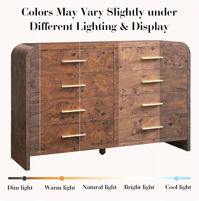Curved 8 Drawer Dresser for Bedroom, 53.82'' Wide Chest of Drawers, Modern Storage Cabinet for Hallway & Living Room TV Stand, FSC Certified 1.18" Thick Board, 100 lbs Top Weight, Dark Burl