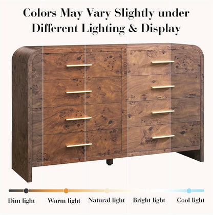 Curved 8 Drawer Dresser for Bedroom, 53.82'' Wide Chest of Drawers, Modern Storage Cabinet for Hallway & Living Room TV Stand, FSC Certified 1.18" Thick Board, 100 lbs Top Weight, Dark Burl