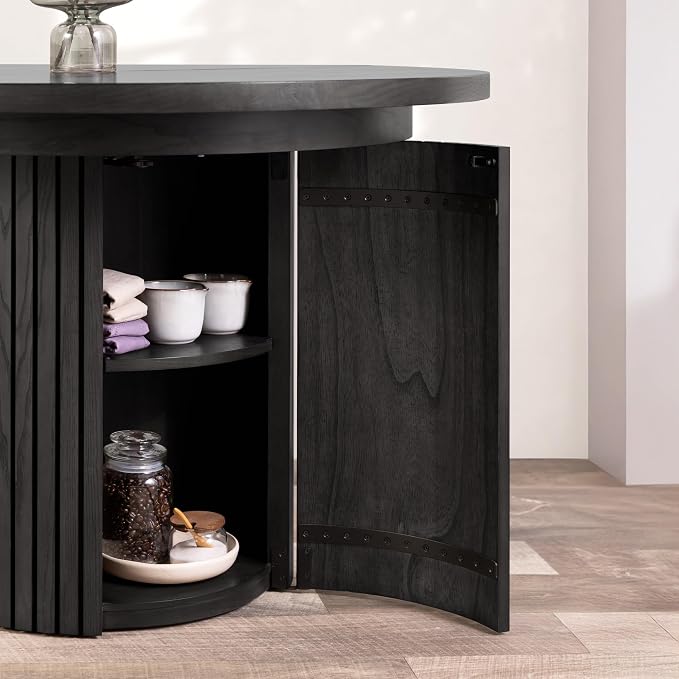 Transformer Table - Solid Wood Extendable Round Dining Table Set with Bench, Seats 4-10, Extendable Round Dining Set, Seat with Hidden Panel Storage, Black (Table + Bench)