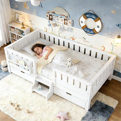 Bellemave Full Size Bed Frame with Storage Drawers & Bookshelf, Low Profile Kids Bed with Staircase & Full Length Guardrails, Solid Wood Full Size Bed Frame Kids with Slats Load 450 LBS, White
