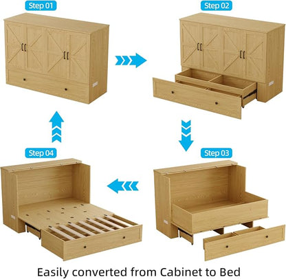 LIVAUVEAD Murphy Bed Queen with Storage & Charging Station, Murphy Cabinet with Foldable Panel, Noisy Free, for Guest Bedroom, Living Room, Office, Distressed,Natural