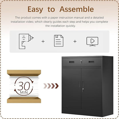 36" H Metal Cabinet, Garage Storage Cabinet, Locking Storage Cabinet, Metal Cabinets with Doors and Shelves for Home, School, Office, Garage, Black