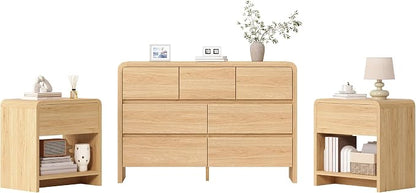 AMERLIFE Modern 3-Piece Bedroom Furniture Set with 7-Drawer Dresser and 2 Nightstands, Large Storage Capacity, Rounded Corners, Flexible Combination Design, Anti-Tip Kit Included, Light Oak