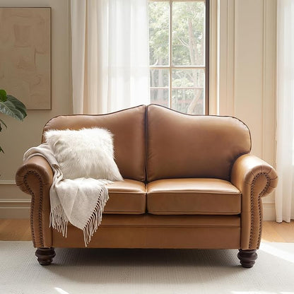60" Wide Genuine Leather Chesterfield Loveseat, 2 Seat Leather Sofa with Rolled Arms, Nailhead Trim for Living Room Furniture, Easy Assembly – Camel