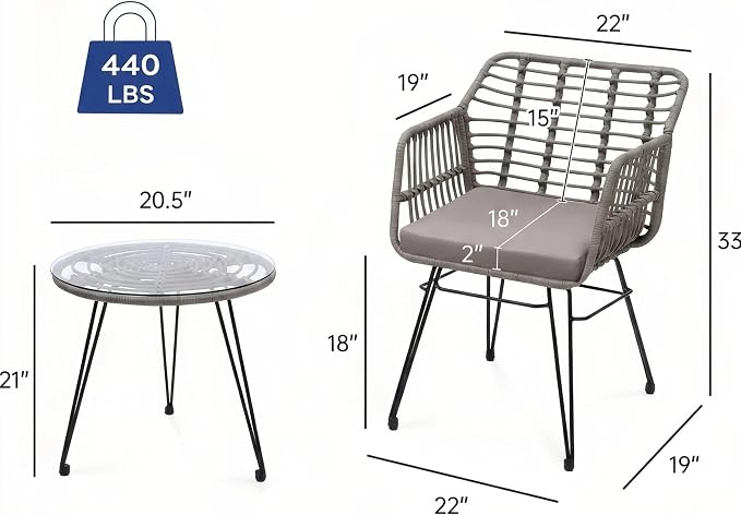 3-Piece Patio Furniture Set, Wicker Bistro Set with 2 Cushioned PE Rattan Armchairs and Glass Top Coffee Table, Small Conversation Set for Balcony, Porch, Backyard, Grey/Grey