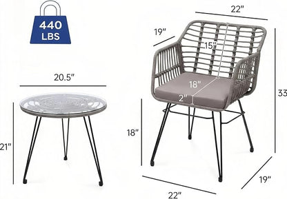 3-Piece Patio Furniture Set, Wicker Bistro Set with 2 Cushioned PE Rattan Armchairs and Glass Top Coffee Table, Small Conversation Set for Balcony, Porch, Backyard, Grey/Grey