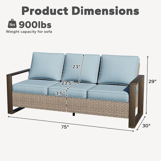 Joyside Outdoor Patio Wicker Sofa, 3-Seater Rattan Sofa with Thick Olefin Cushions and Metal Steel Rectangular Framed Armrest -Looking Metal Armrest Suitable for Garden, Backyard, Porch, Deck