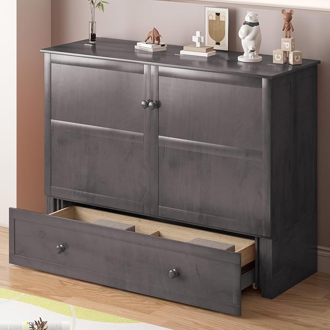 PUREMIND Queen Murphy Bed Cabinet, Murphy Bed with Mattress Included, Storage Drawer and Bedside Panel, Built-in Charging Station, Solid Wood Space-Saving Wallbed Hideaway Beds for Guest Room