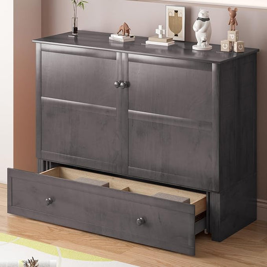 PUREMIND Queen Murphy Bed Cabinet, Murphy Bed with Mattress Included, Storage Drawer and Bedside Panel, Built-in Charging Station, Solid Wood Space-Saving Wallbed Hideaway Beds for Guest Room