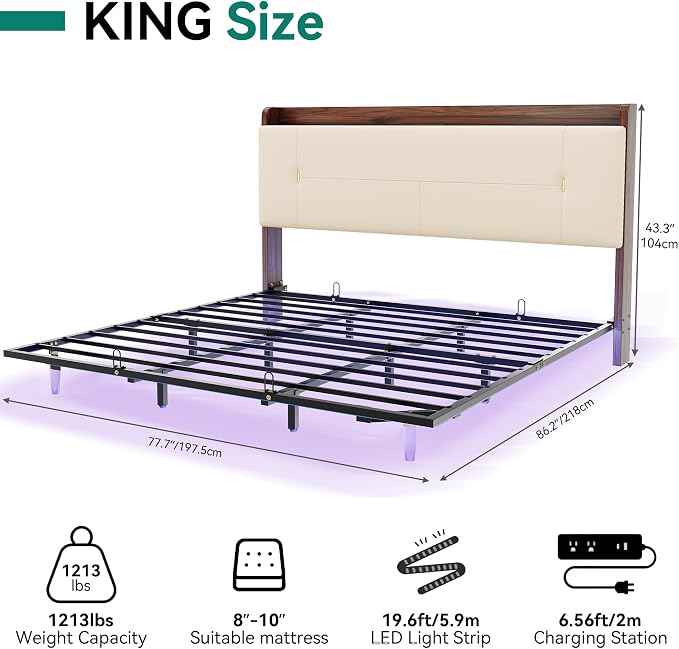 YITAHOME Queen Size Floating Bed Frame with Charging Station, Led Bed Frame with Hidden Storage Headboard, PU Upholstered Platform Bed, Heavy Duty Metal Slats, No Box Spring Needed, Light Grey