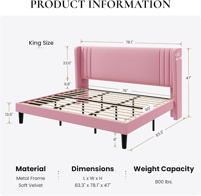 SHA CERLIN King Size Velvet Upholstered Platform Bed Frame with Vertical Channel Tufted Wingback Headboard, Wooden Slats Support, Easy Assembly, Under Bed Storage, No Box Spring Required, Pink