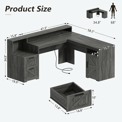 YOMILUVE 63" Farmhouse L Shaped Executive Desk with Drawers & Storage Shelf, Corner Computer Desk with Power Outlets, L Shaped Office Desk with Monitor Stand, Printer Shelf, Dark Gray