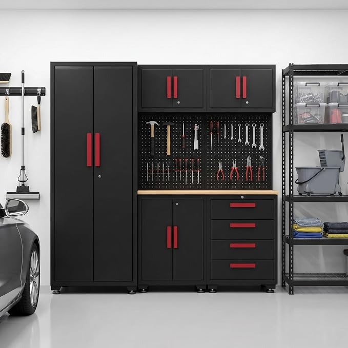 Garage Storage Cabinet System, 6-Pcs Garage Cabinets and Storage System Corner Workshop Set with Corner Cabinet, Cabinet Drawers, Workbench, Pegboard for Tool Organization, Black and Red