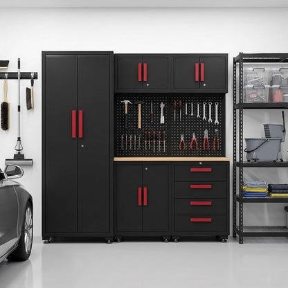 Garage Storage Cabinet System, 6-Pcs Garage Cabinets and Storage System Corner Workshop Set with Corner Cabinet, Cabinet Drawers, Workbench, Pegboard for Tool Organization, Black and Red