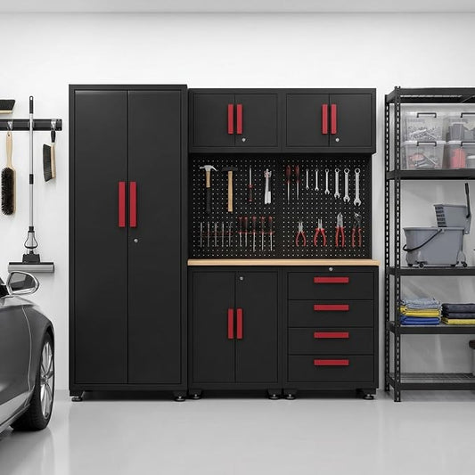 Garage Storage Cabinet System, 6-Pcs Garage Cabinets and Storage System Corner Workshop Set with Corner Cabinet, Cabinet Drawers, Workbench, Pegboard for Tool Organization, Black and Red