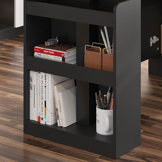 MOUMON Electric Standing Desk with Drawers and Shelves, Executive Adjustable Height Stand Up Desk, L-Shaped Design, 63 inch Tabletop, for Office Deep Brown and Black 63”W x 63”D x 28.9-45.3”H