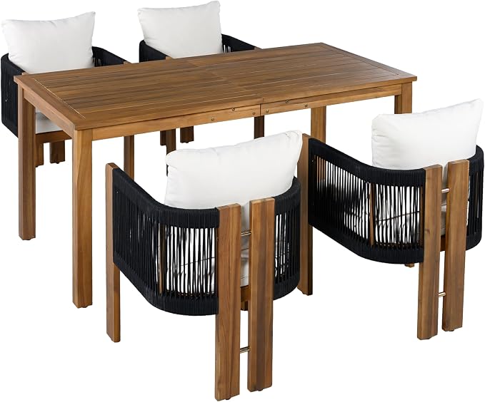 Quarte Luxury 4-Person Outdoor Dining Set: Solid Acacia Wood Table with Rope-Woven Chairs & Comfy Cushions for Patio, Garden, Poolside or Deck (Black,Brown-R)
