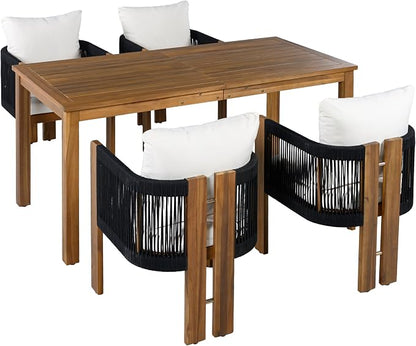 Quarte Luxury 4-Person Outdoor Dining Set: Solid Acacia Wood Table with Rope-Woven Chairs & Comfy Cushions for Patio, Garden, Poolside or Deck (Black,Brown-R)