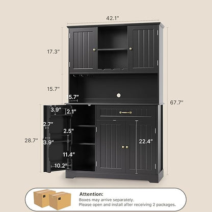 Gizoon Kitchen Pantry Cabinet with Countertop Kitchen Hutch Storage Cabinet 67.7" Tall Pantry Coffee Bar with Storage for Dining Room and Craft Room, Painted Black